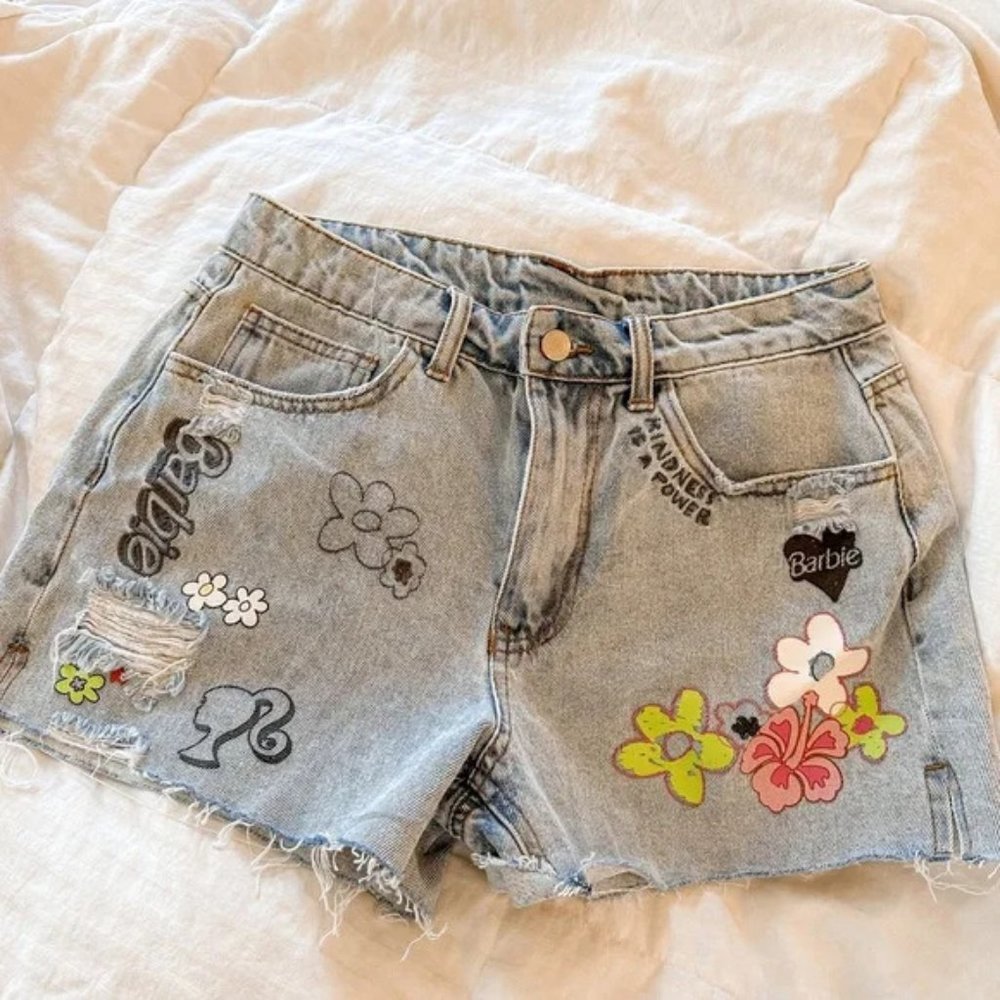 Barbie Printed Denim Cut Off Shorts
